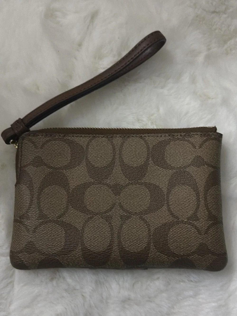 Coach Brown Signature Canvas Wristlet with Gold Logo
